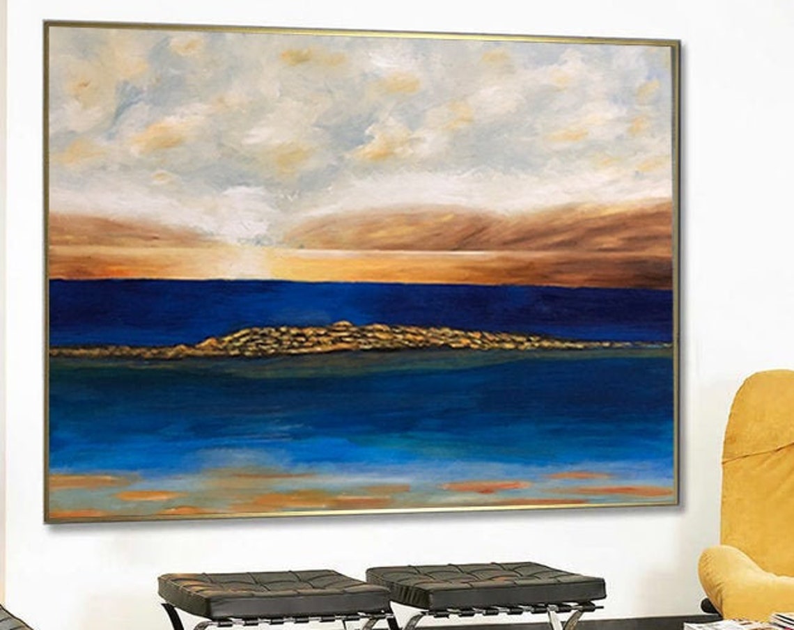 Deep Blue and Gold Abstract Seascape Golden Shoreline Waves Poster - Image 2