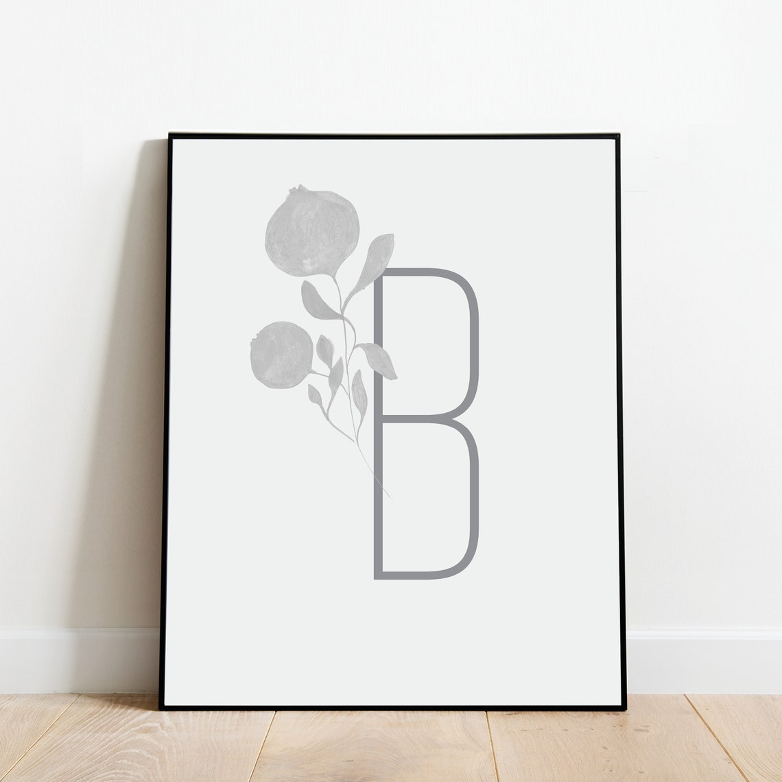 Letter B Botanical Initial Print with Soft Gray Leaf Sprig Artwork