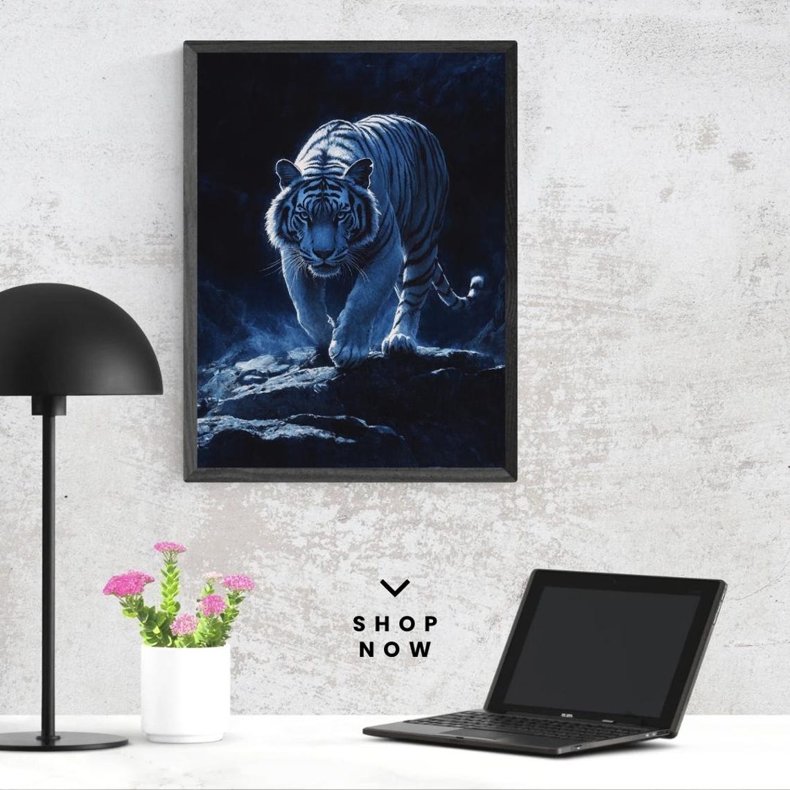 Midnight Blue Tiger Stalking Rocks Dramatic Wildlife Art Print