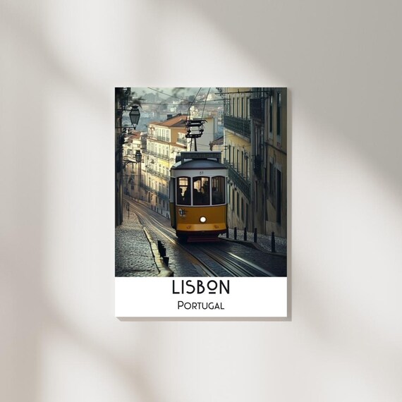 Lisbon Portugal Yellow Tram Cobblestone Street Photo Travel Poster