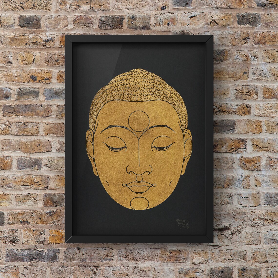 Golden Buddha Face Serene Black Background Spiritual Art Poster