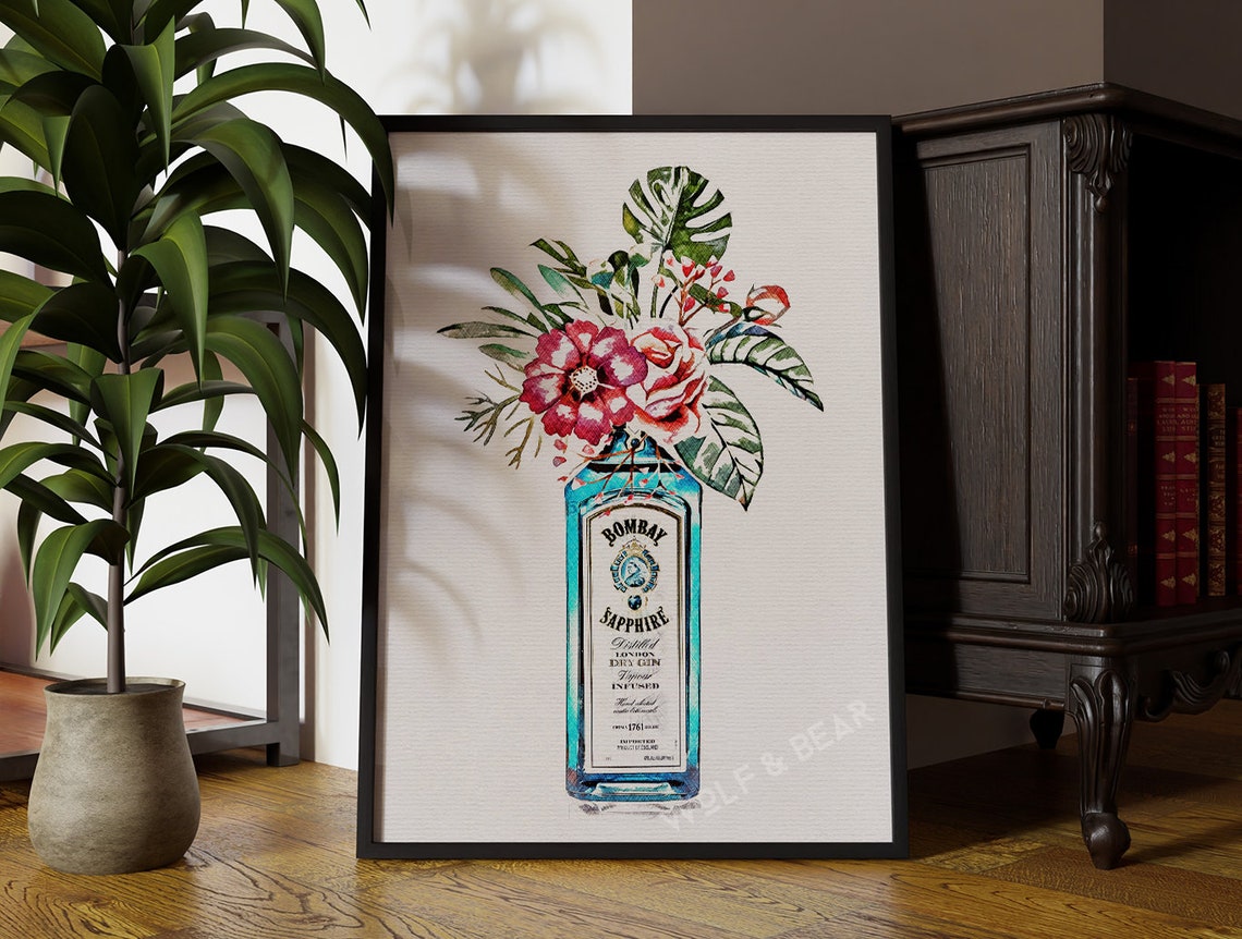 Bombay Gin Illustration Print, Rustic Kitchen Art
