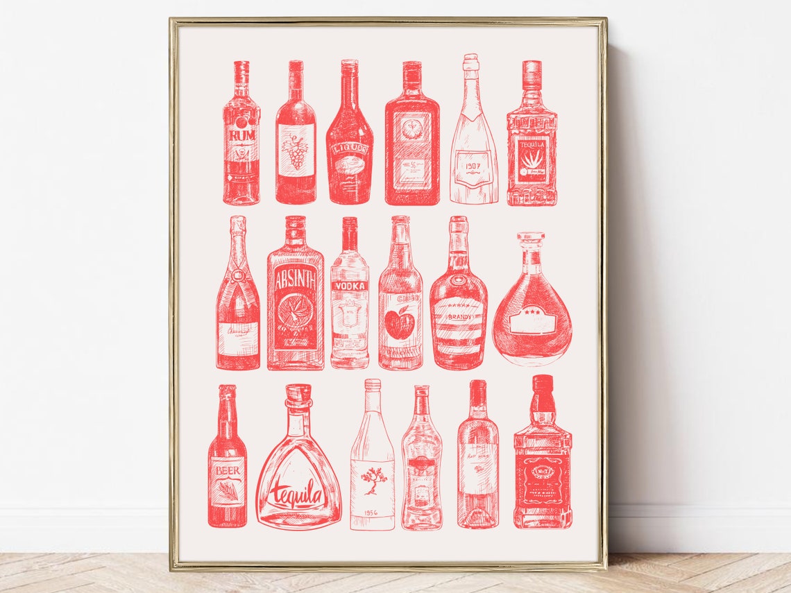 Vintage Liquor Bottles Bar Cart Red Ink Illustration Art Poster