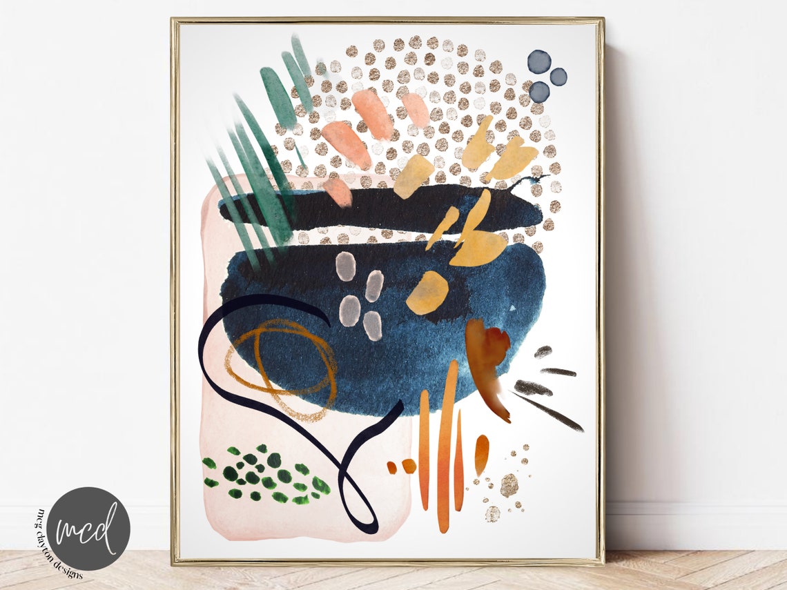Navy Blush Gold Green Colorful Abstract Watercolor Artwork Poster
