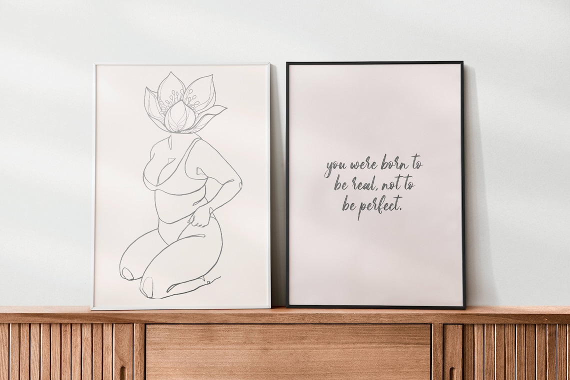 Boho Kneeling Woman Lotus Flower Head Minimalist Line Art Poster - Image 3