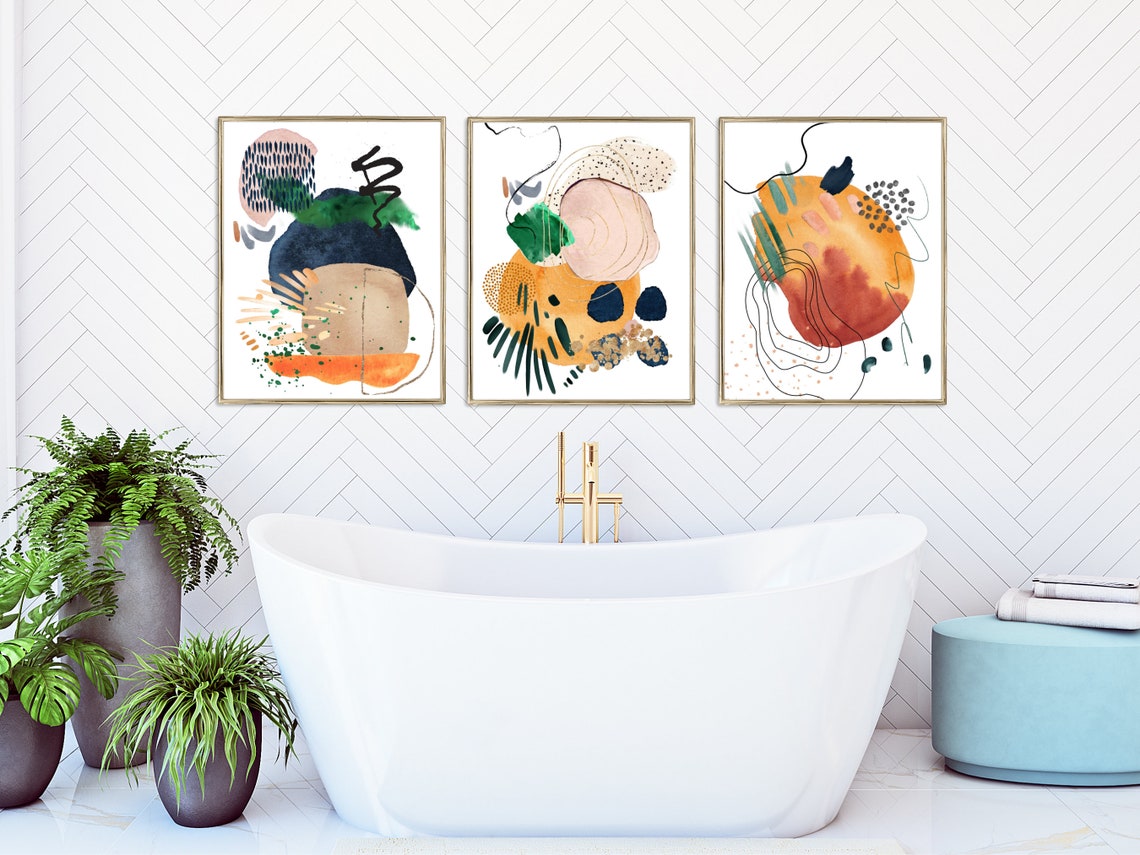 Navy Blush Green Orange Abstract Watercolor Patterned Modern Poster - Image 2