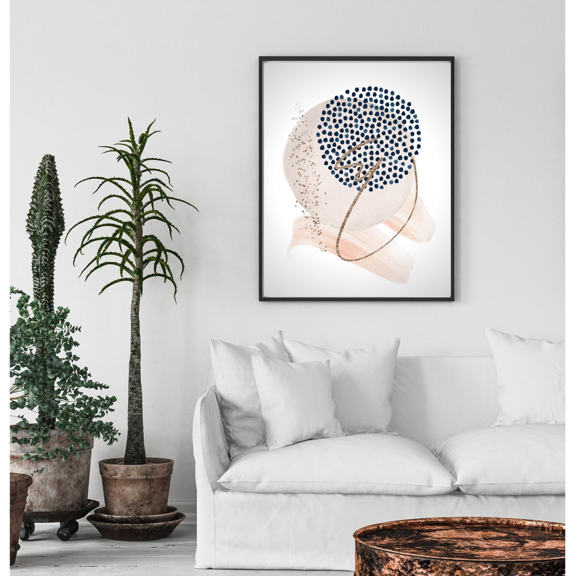 Navy Dots Beige Blush Pink Neutral Abstract Watercolor Art Poster - Image 4