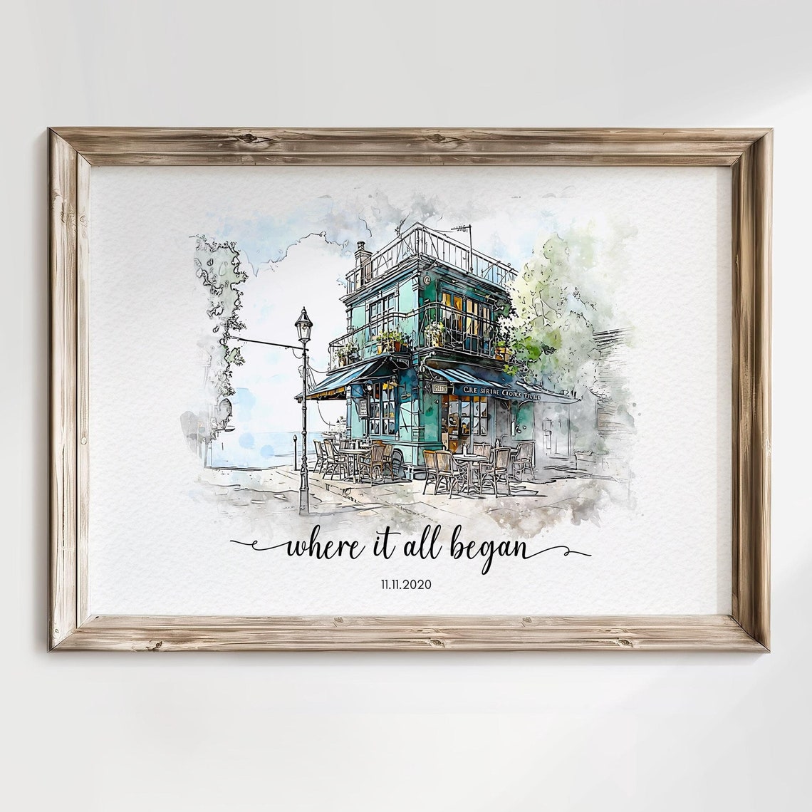 Where It All Began Watercolor Corner Cafe Custom Date Wall Art