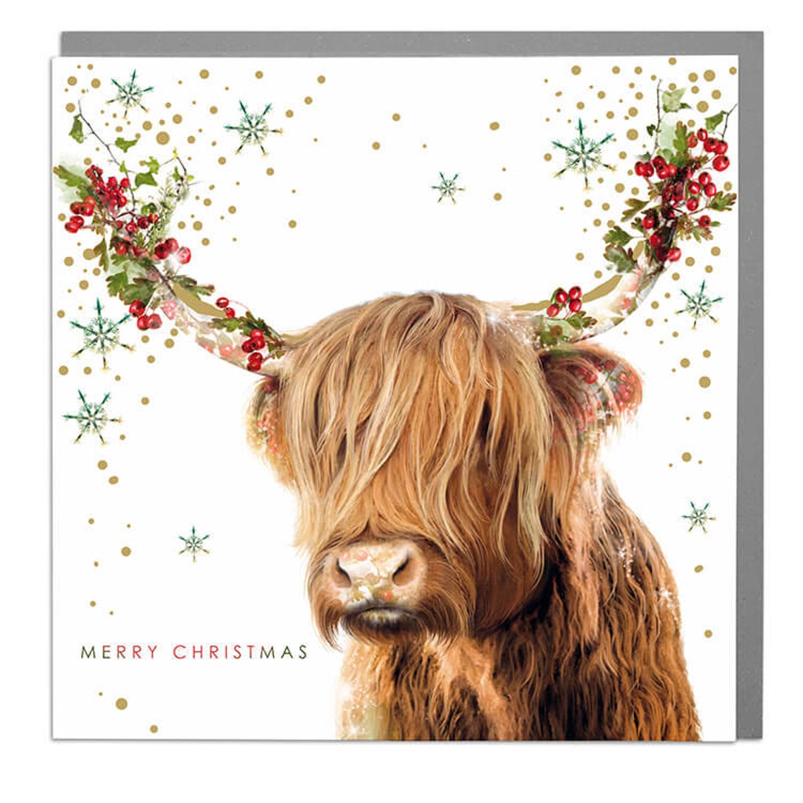 Highland Cow Merry Christmas Card Holly Festive Holiday Art Print