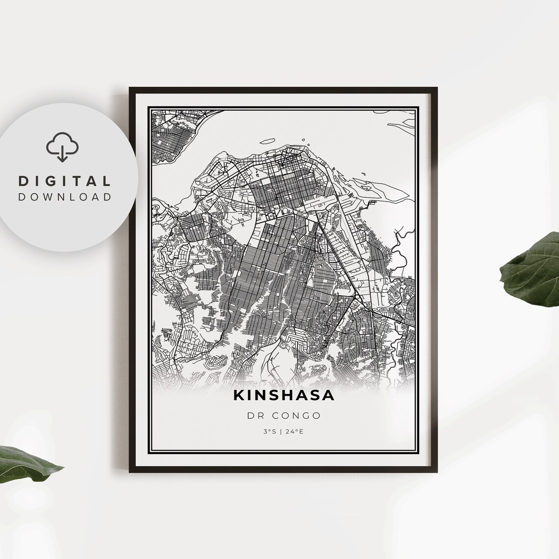 Kinshasa DR Congo Black White City Street Map Minimalist Art Poster