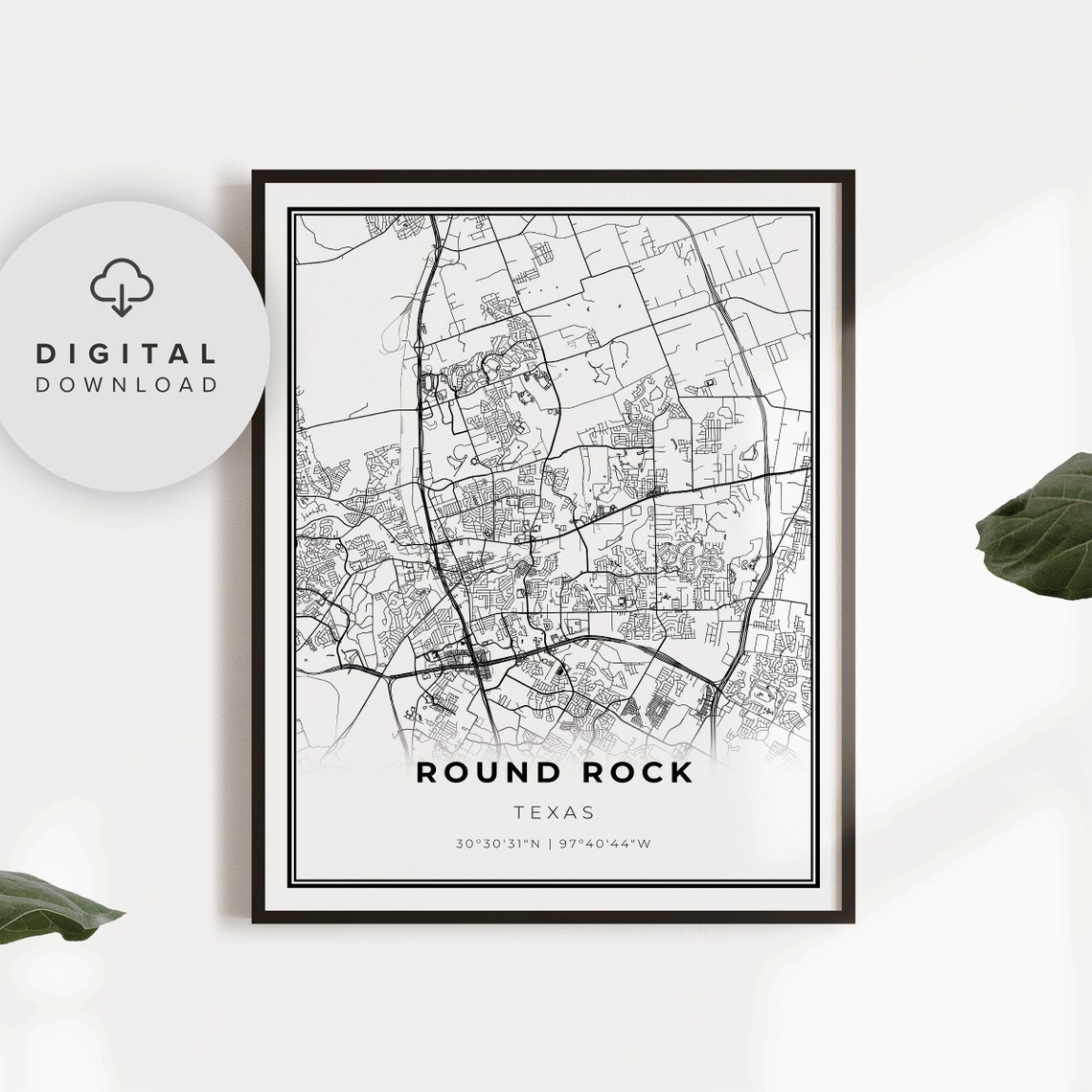 Round Rock Map Print Texas Tx Usa Art Poster City Street Road Wall Np98