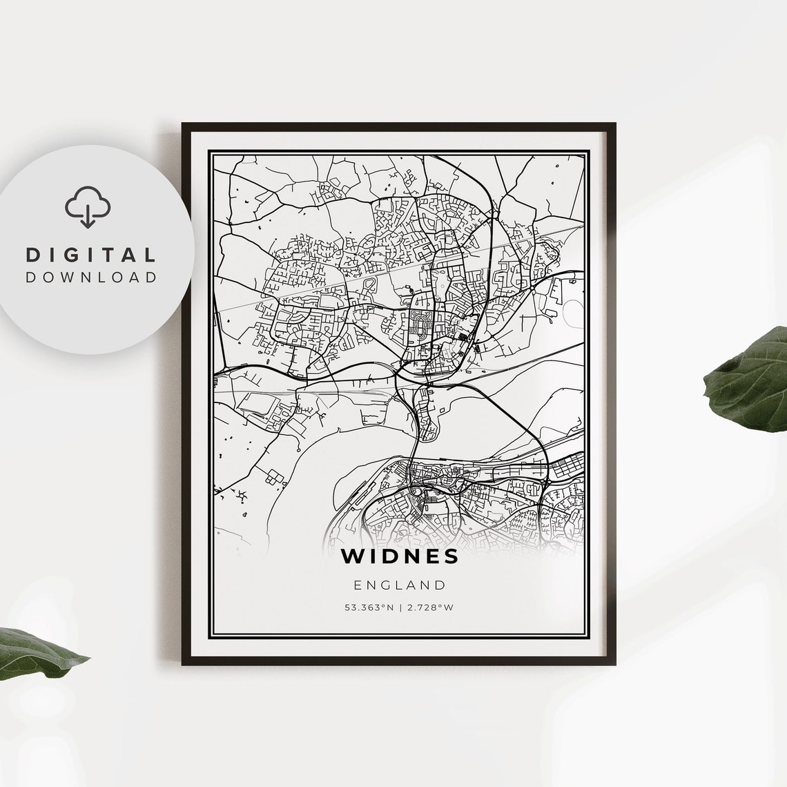 Widnes England Minimal Black White City Street Map Poster Artwork
