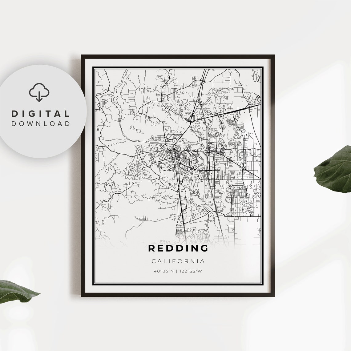 Redding California City Map Poster Minimalist Black White Decor