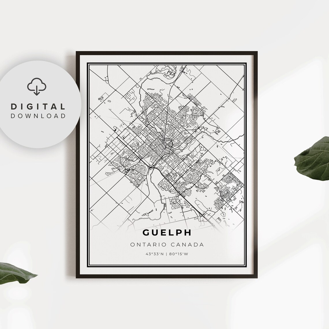 Guelph Ontario Canada City Street Map Fine Detailed Line Art Poster