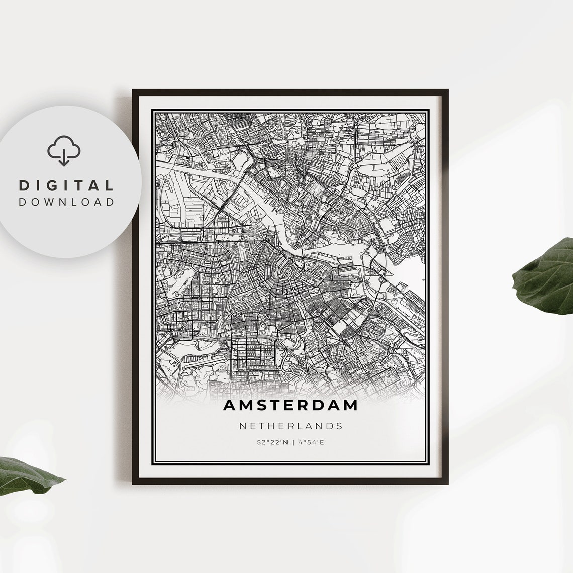 Amsterdam Netherlands Minimalist Black White City Map Poster