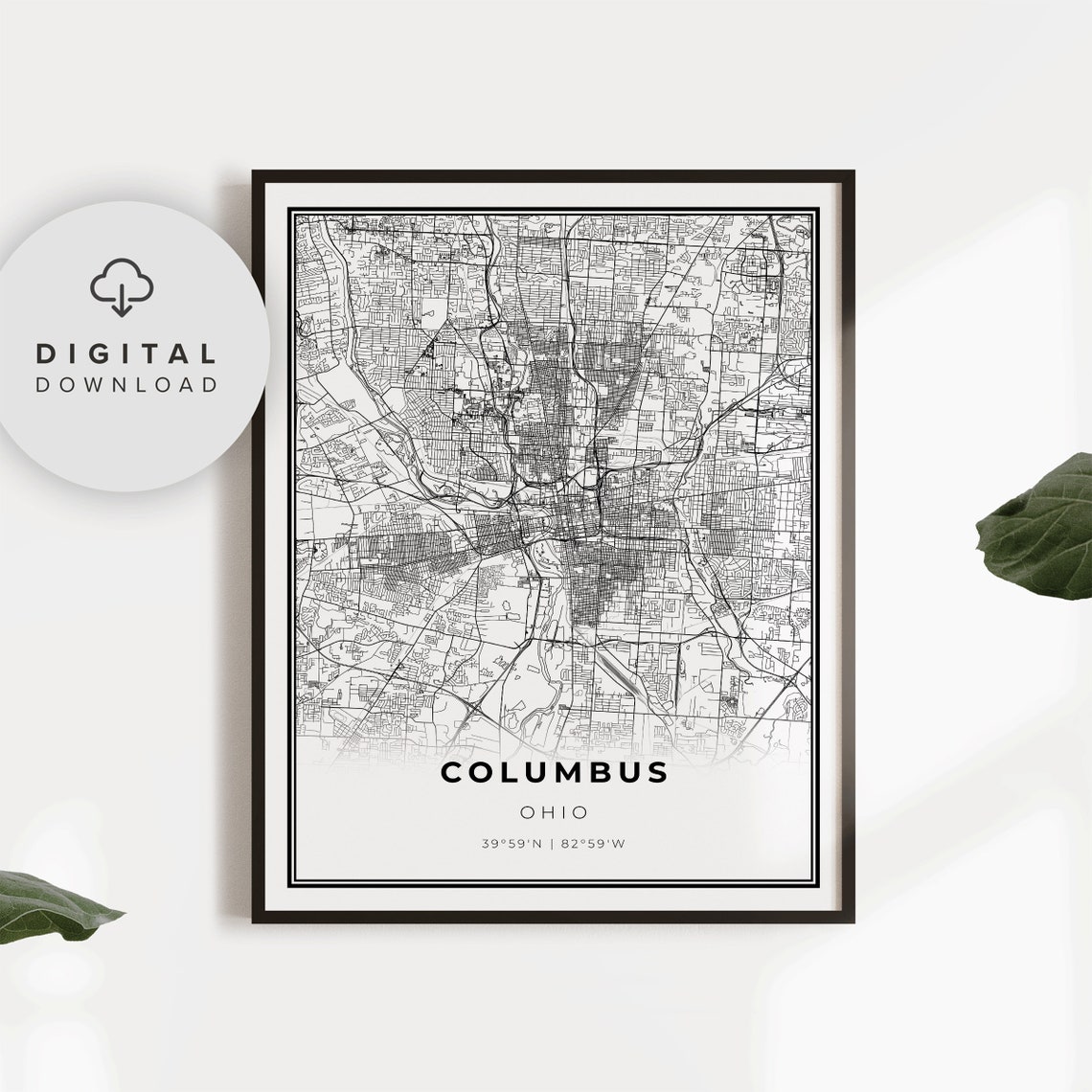Columbus Ohio Minimalist Black and White City Street Map Poster