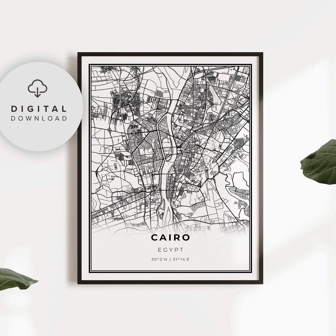 Cairo Egypt Nile Black and White Minimalist City Map Art Poster