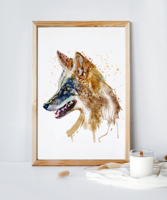 Coyote Watercolor Portrait Painting Poster With Amber Washes