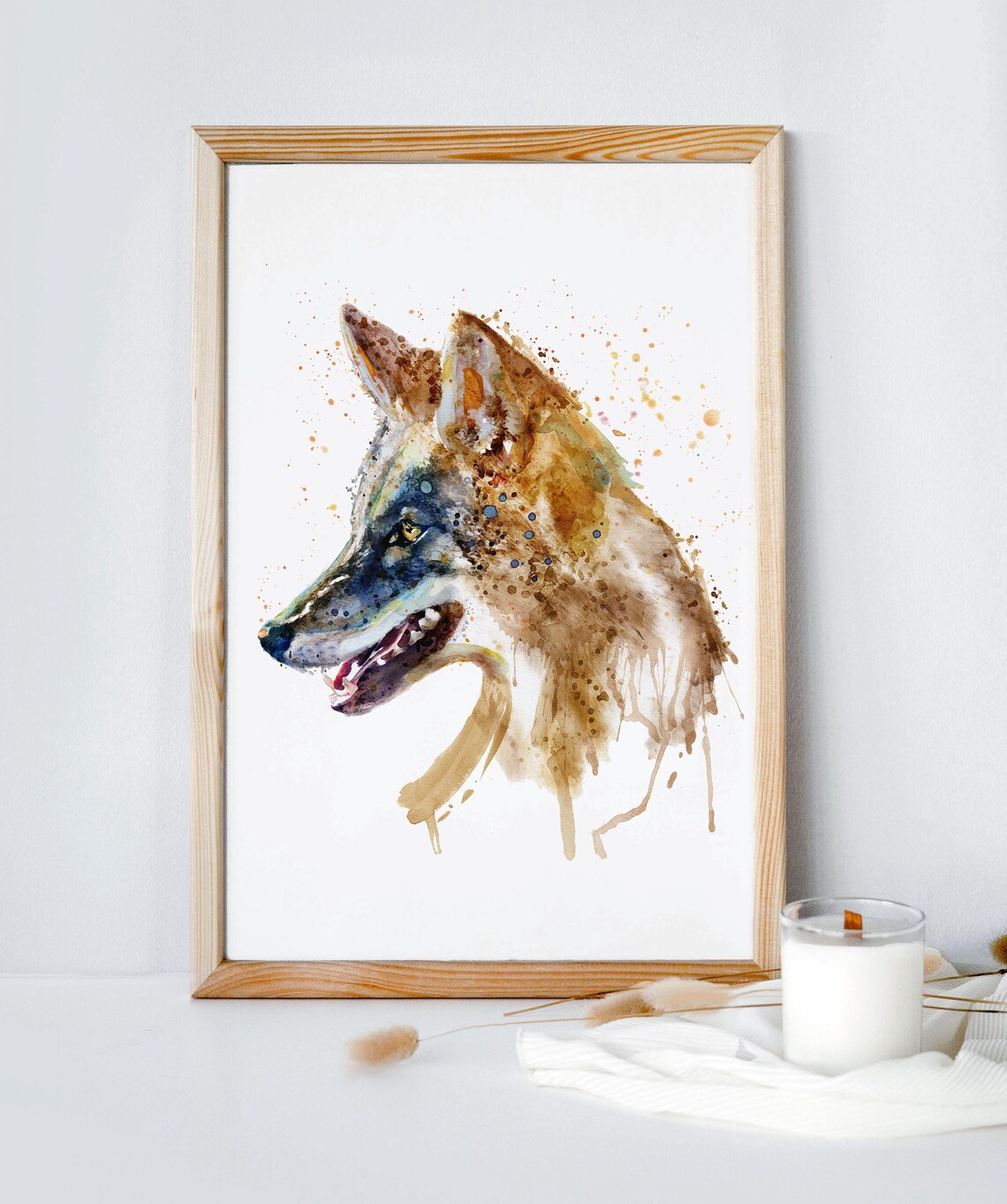 Coyote Watercolor Portrait Painting Poster With Amber Washes