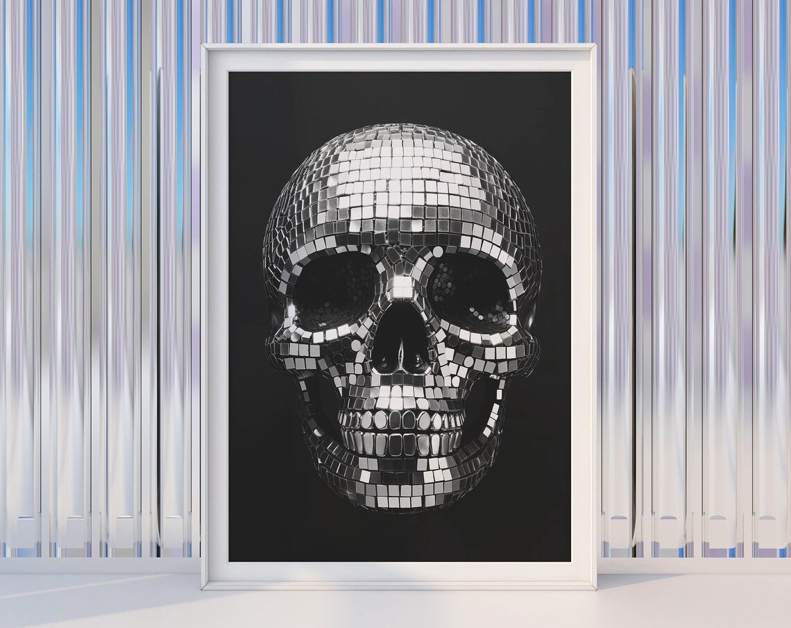 Disco Ball Skull on Black Girly Retro Groovy Halloween Party Poster - Image 3