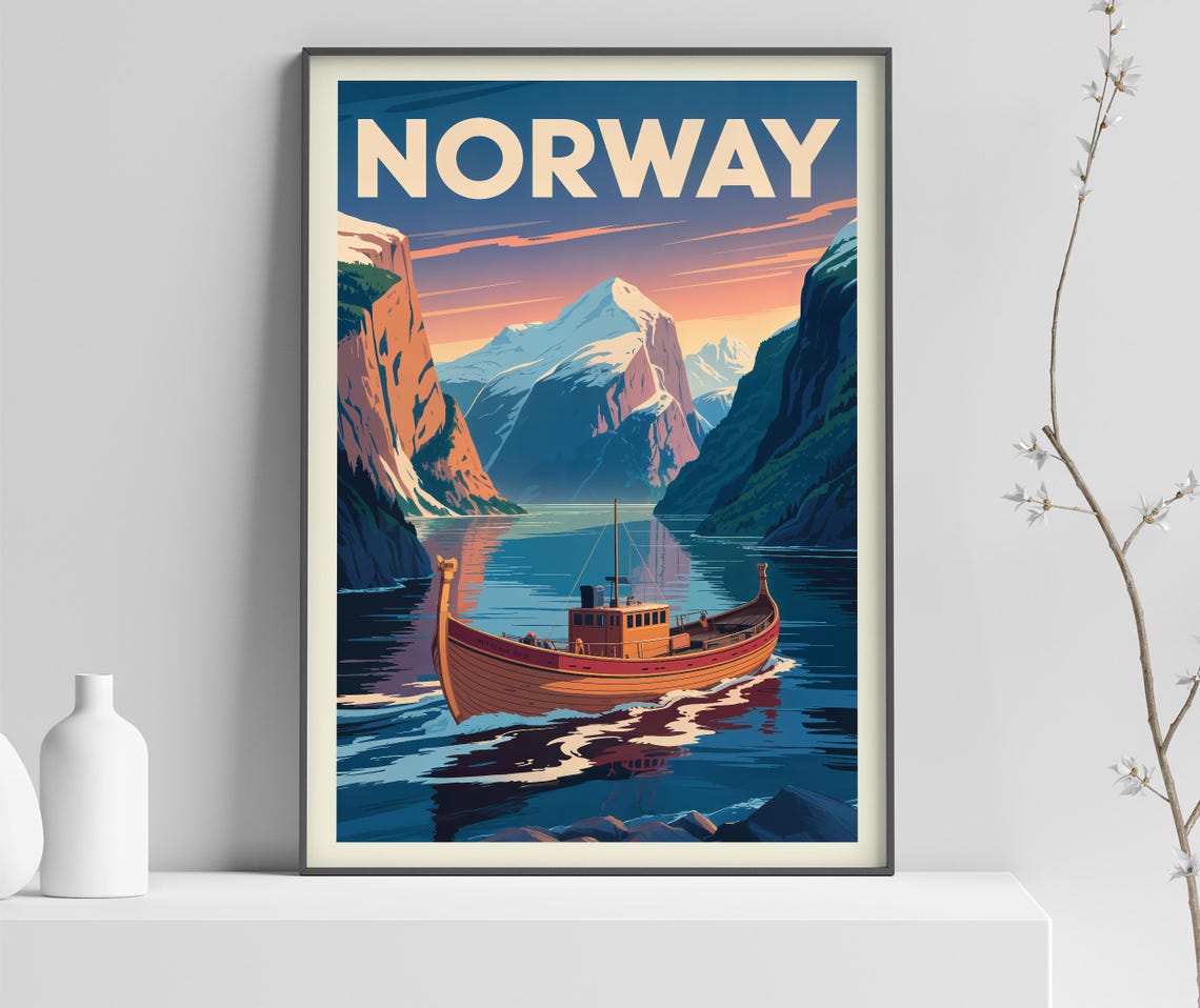 Norway Fjord Viking Boat Snowy Cliffs Sunset Retro Travel Poster