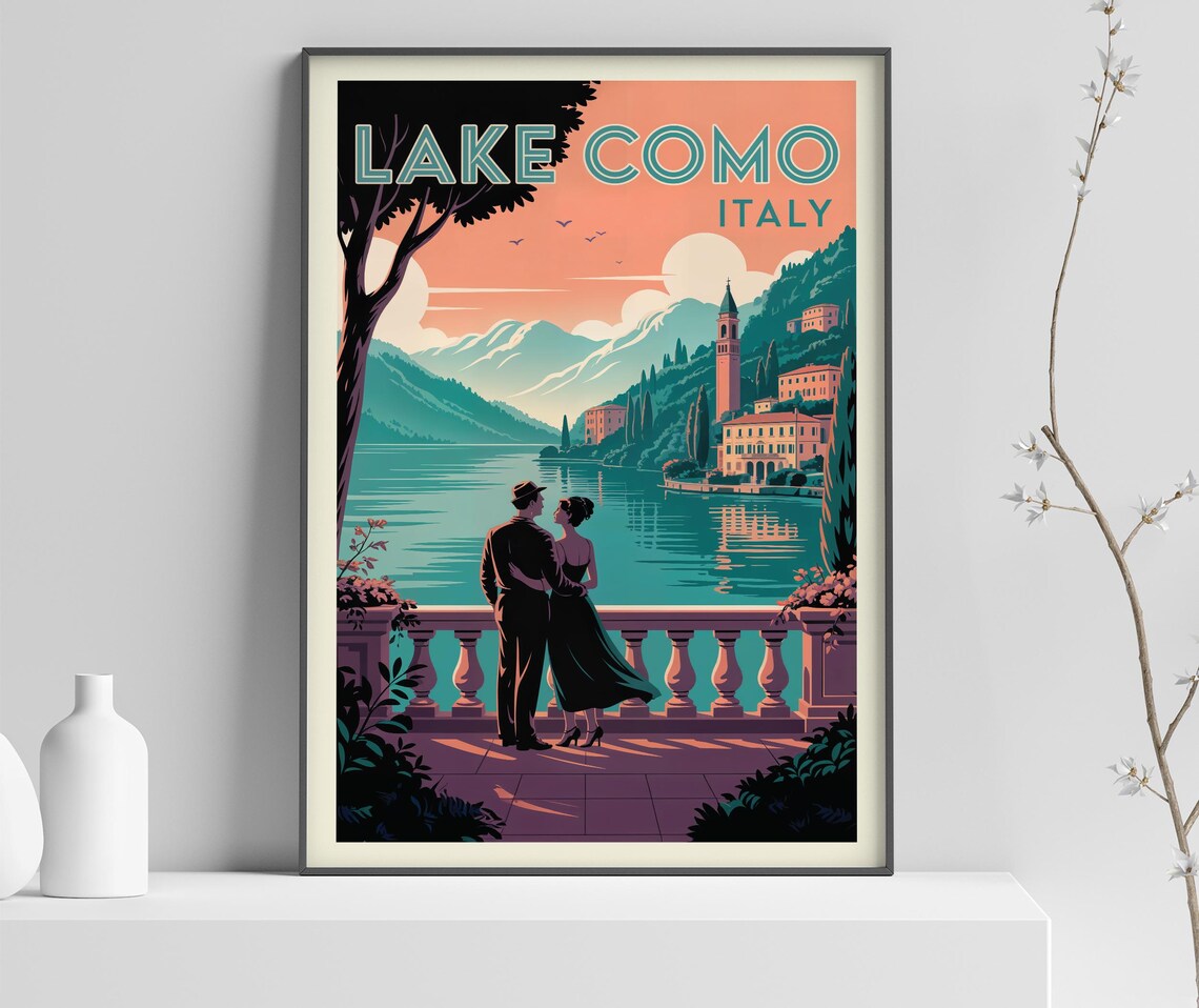 Lake Como Italy Romantic Couple Balcony Sunset Travel Poster