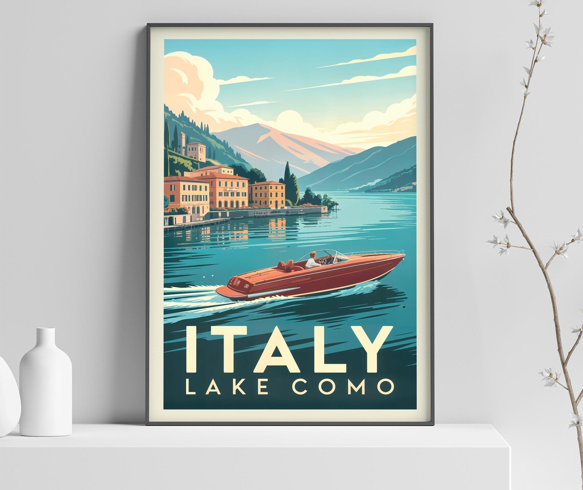 Italy Lake Como Speedboat Mountains Village View Travel Poster