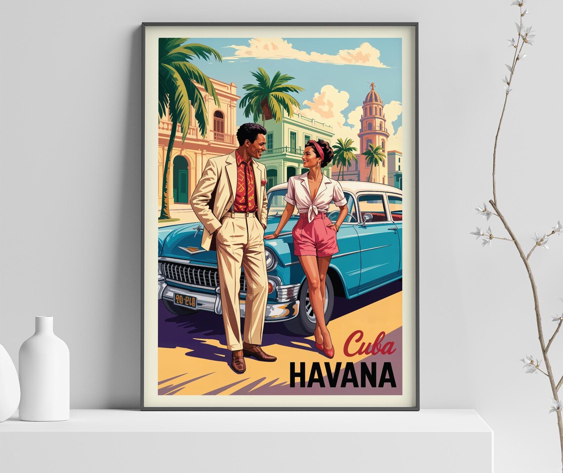 Cuba Havana Classic Car Vintage Couple Old Town Travel Poster
