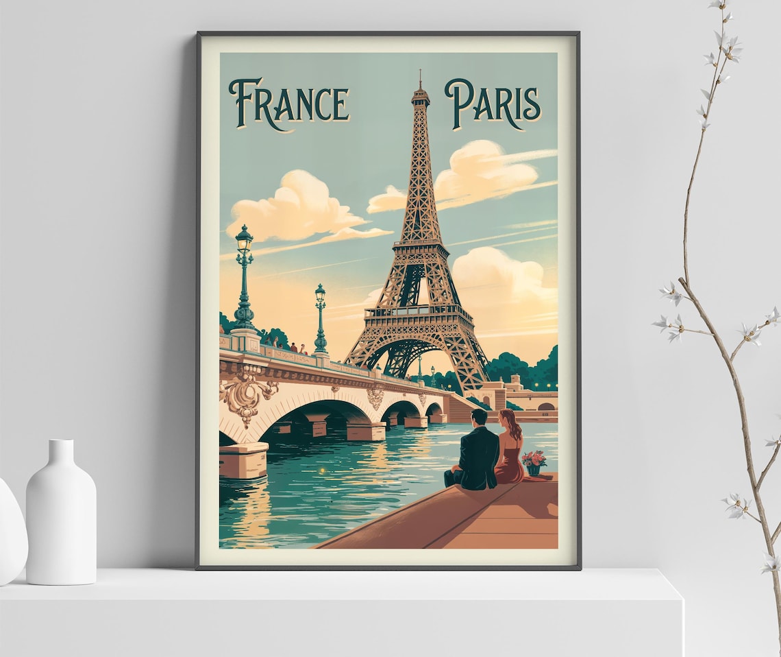 France Paris Eiffel Tower Seine Bridge Couple Vintage Travel Poster