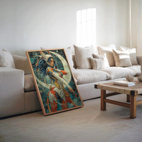 Maximalist Steampunk Woman Sword Full Moon Collage Oil Painting Muted Cool Tones Dreamy Cinematic V