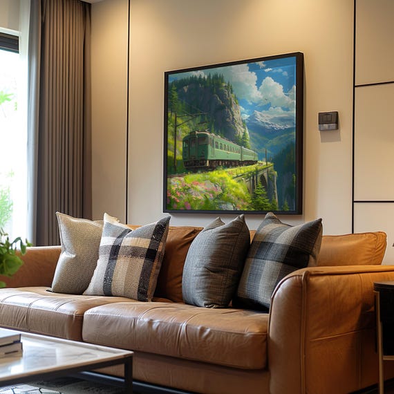 Impressionistic Anime Train Art Vibrant Colors Detailed Mountain Tracks Oil Painting Warm Tones Unique Vibe Wall