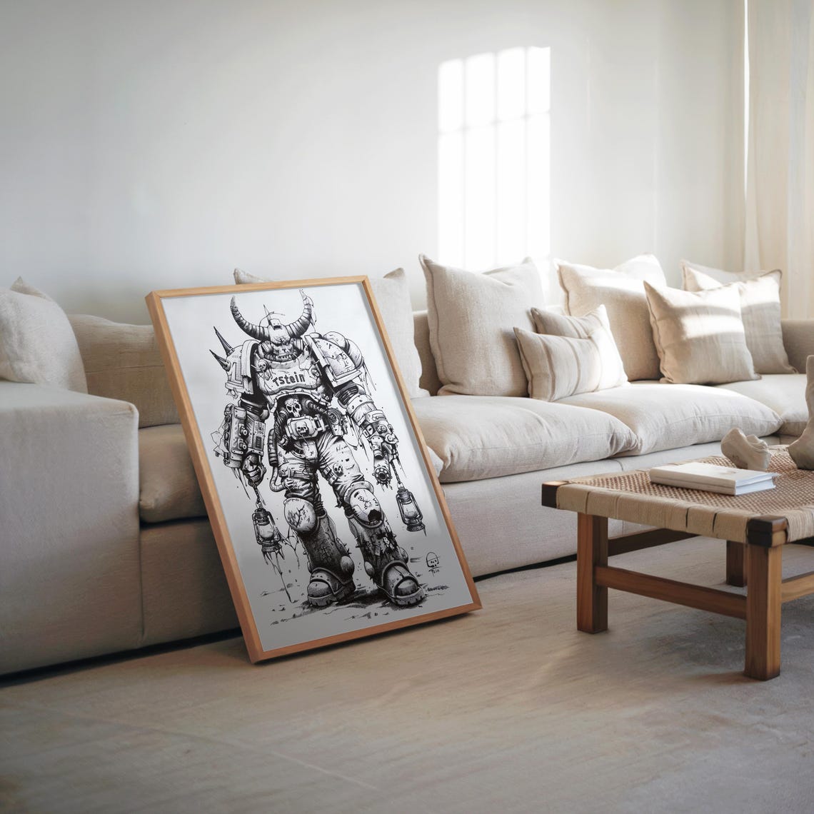 Steampunk Space Warrior Detailed Black White Ink Drawing Poster