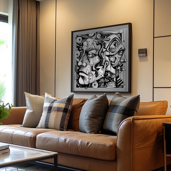 Psychedelic Cubism Woman Face Vector Art Retro Print Monochrome Black Illustration Etsy Wall Decor Vintage Design