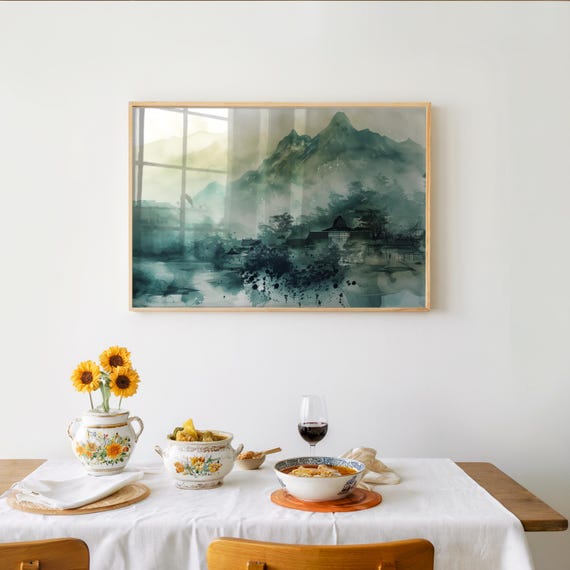 Anime Watercolor Impression Mountain Scene Pagoda Depiction Illustration Muted Cool Tones Unique Wall Art Decor Eastern