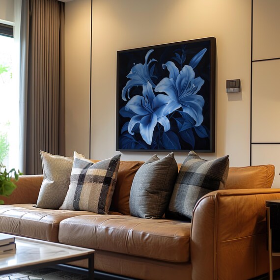 Blue Lily Flowers Black Background Monochrome Botanical Oil Art Poster