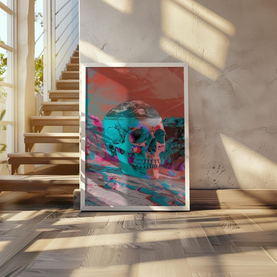 Vibrant Skull Poster Rocky Surface Vaporwave Synthwave Style Neon Palette 3d Rendered Art Surreal 20 X 28