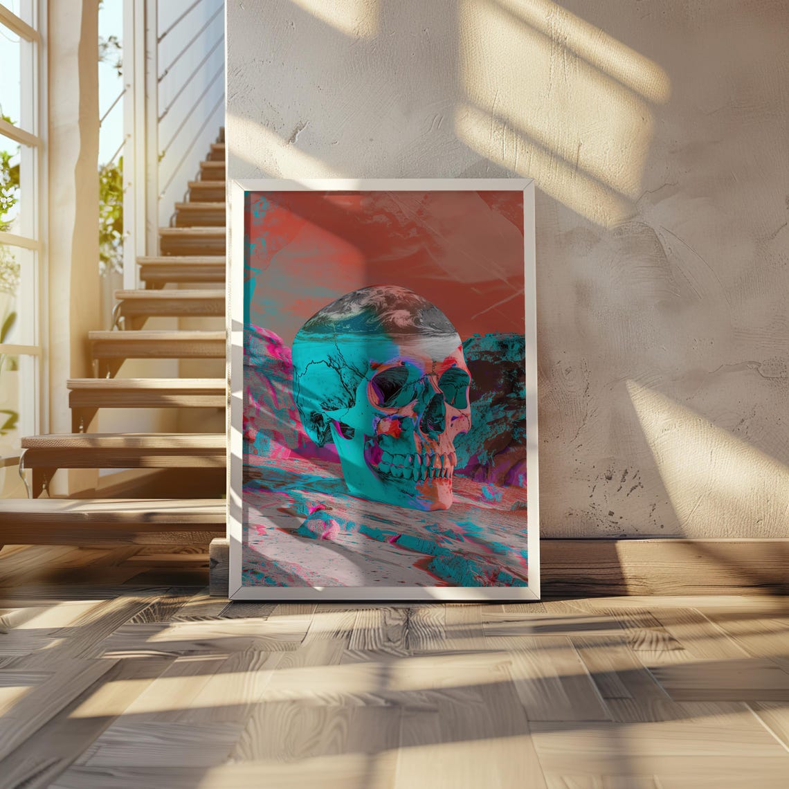 Vaporwave Skull Rocky Desert Neon Pink Teal Surreal Art Poster