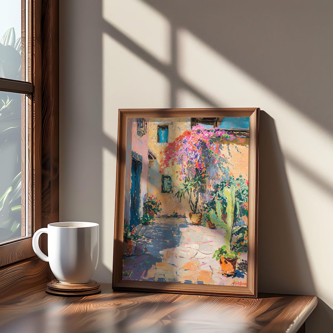 Mediterranean Courtyard Bougainvillea Sunlit Terrace Oil Poster