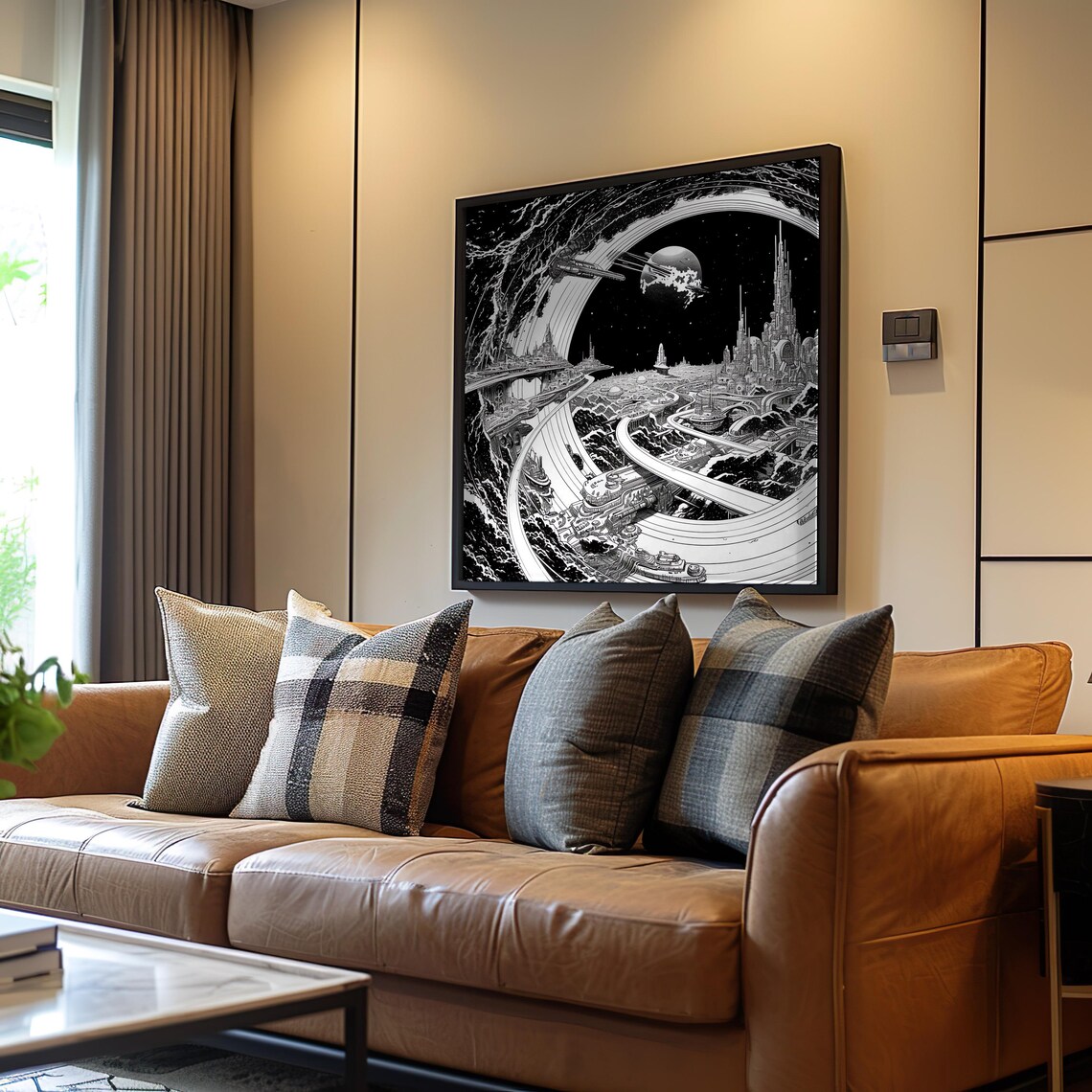 Futuristic Space City Spaceship Black White Ink Drawing Poster
