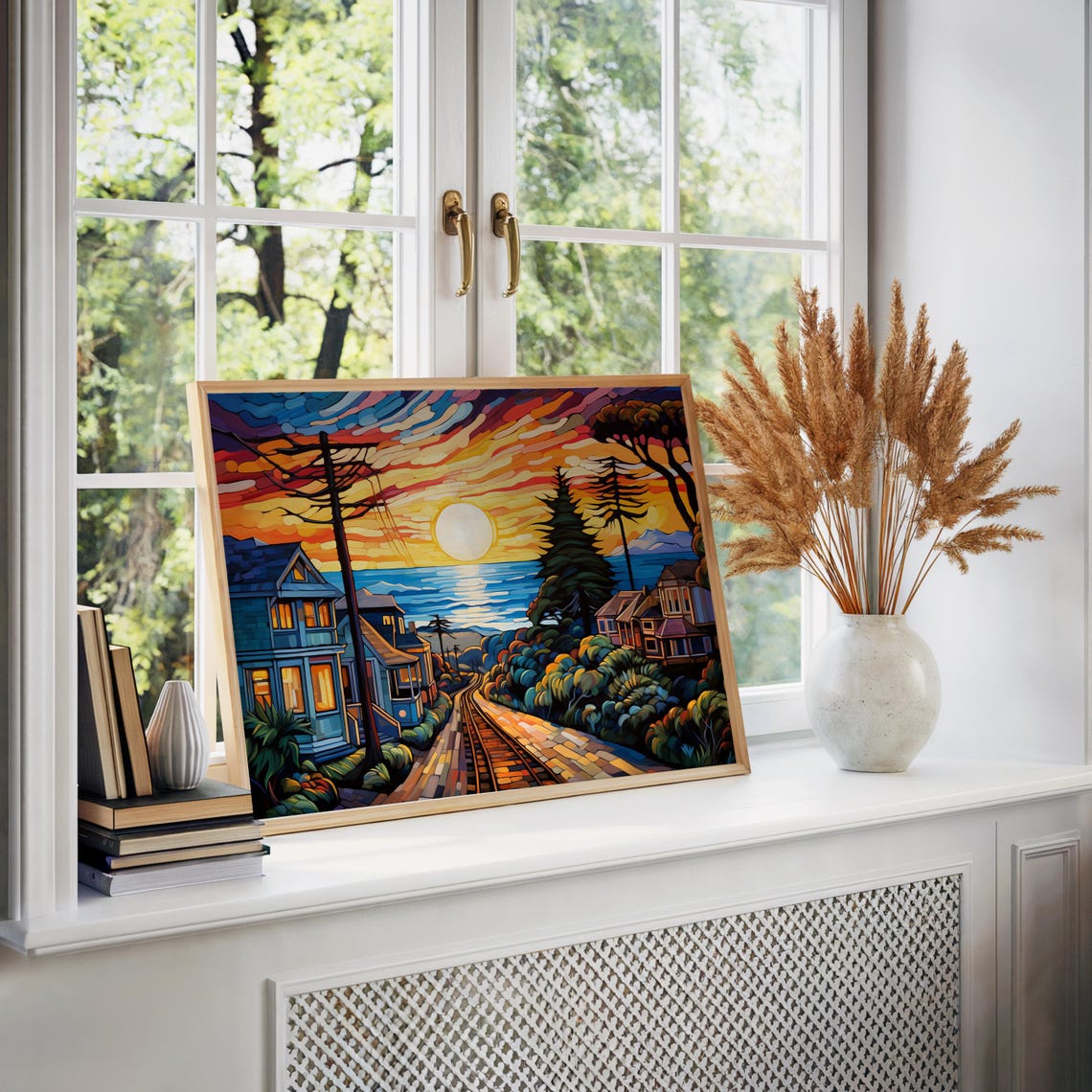 Coastal Sunset Train Track Maximalist Fauvist Landscape Poster