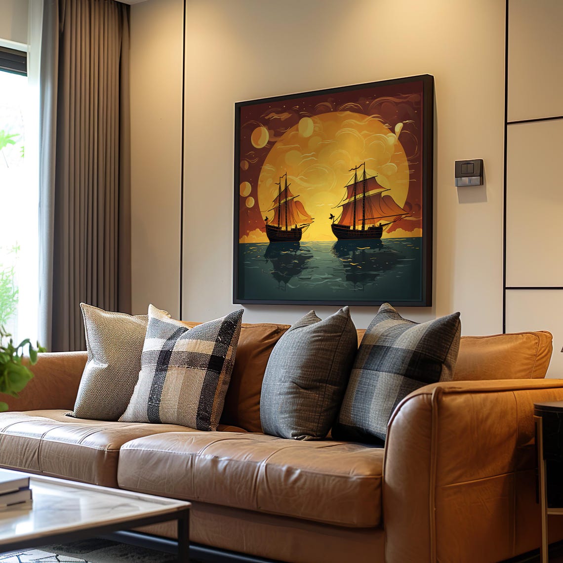 Impressionism Meets Midcentury Modern Poster Full Moon Ships Warm Tones Vector Art Vibrant Colors