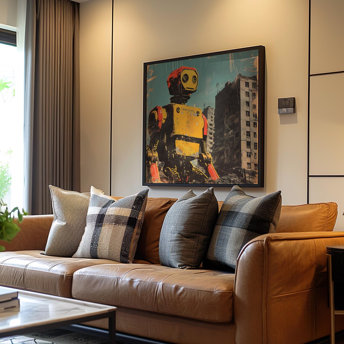 Retro Robot in City Ruins Midcentury Modern Sci Fi Art Poster