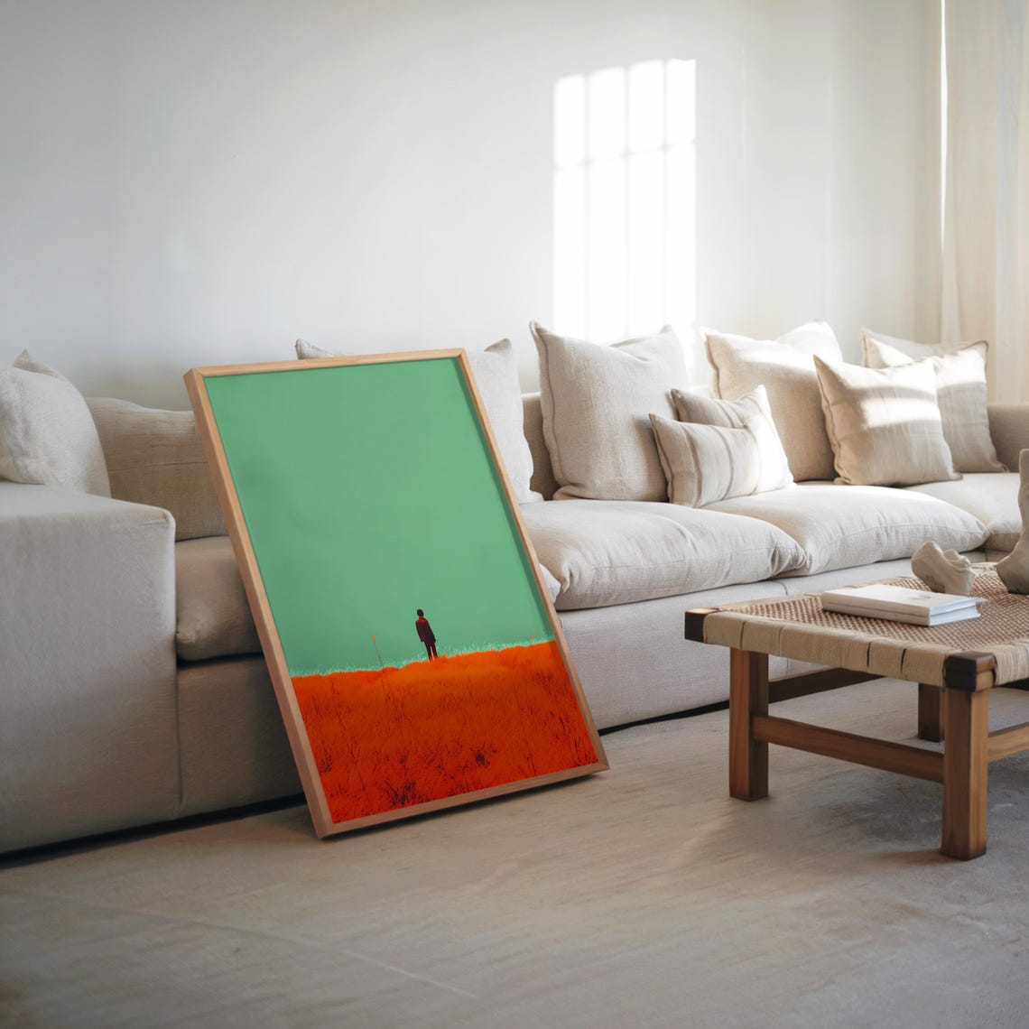 Lone Man Orange Field Mint Sky Minimalist Cinematic Art Poster