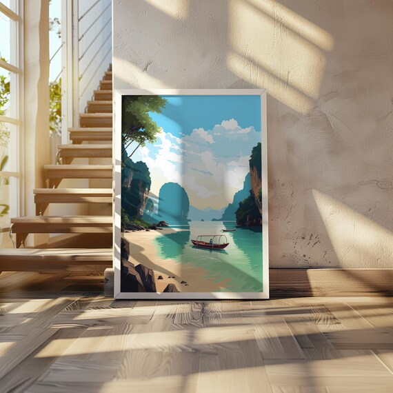 Tropical Boat Between Limestone Cliffs Beach Scenery Art Poster