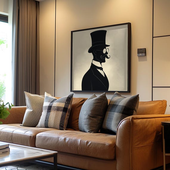 Vintage Gentleman Art Mustached Man In Top Hat Black White Illustration Retro Wall Decor Home Office Poster Artistic Gift