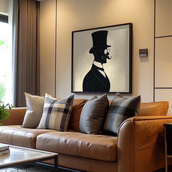 Vintage Gentleman Top Hat Silhouette Monocle Black White Art Print