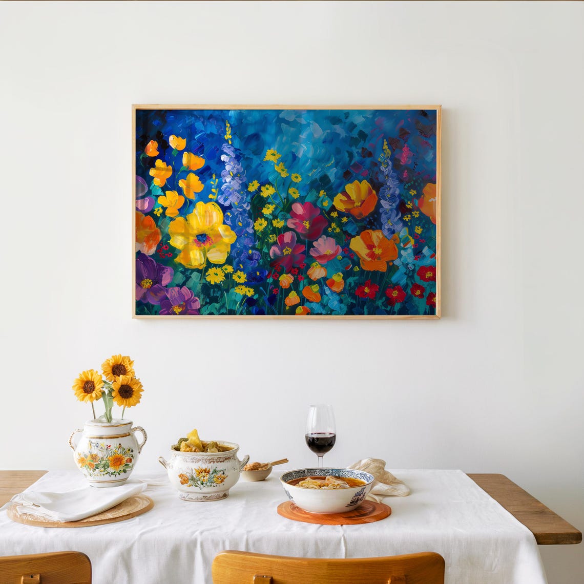 Vibrant Wildflower Field Poppies On Blue Impressionist Art Poster