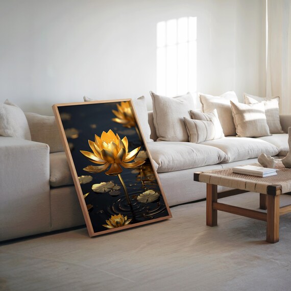 Elegant Golden Lotus Flowers Black Water Photorealistic Poster