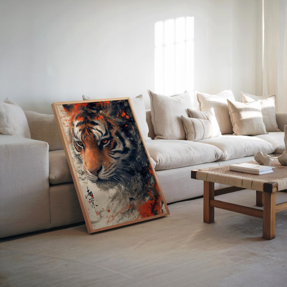 Tiger Portrait Red Splatter Ink Wash Fierce Wildlife Poster Art
