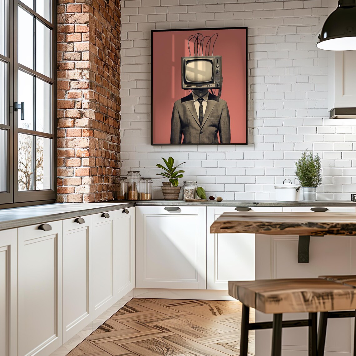 TV Head Man in Suit Surreal Collage Poster Retro Television Decor
